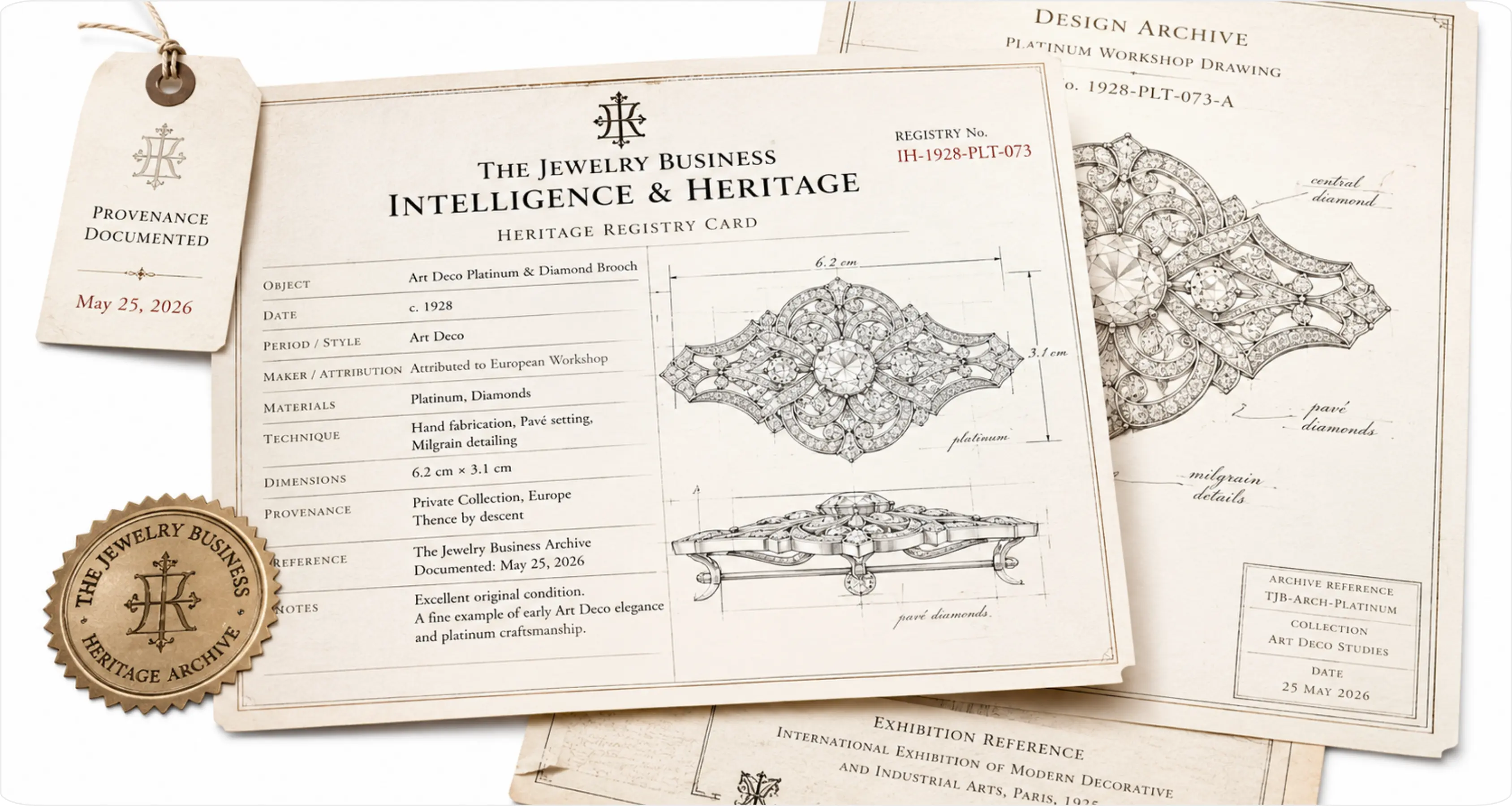 Archival heritage registry card with vintage jewelry blueprints, elegant typography, provenance documentation, and museum-style editorial layout on a seamless white background.