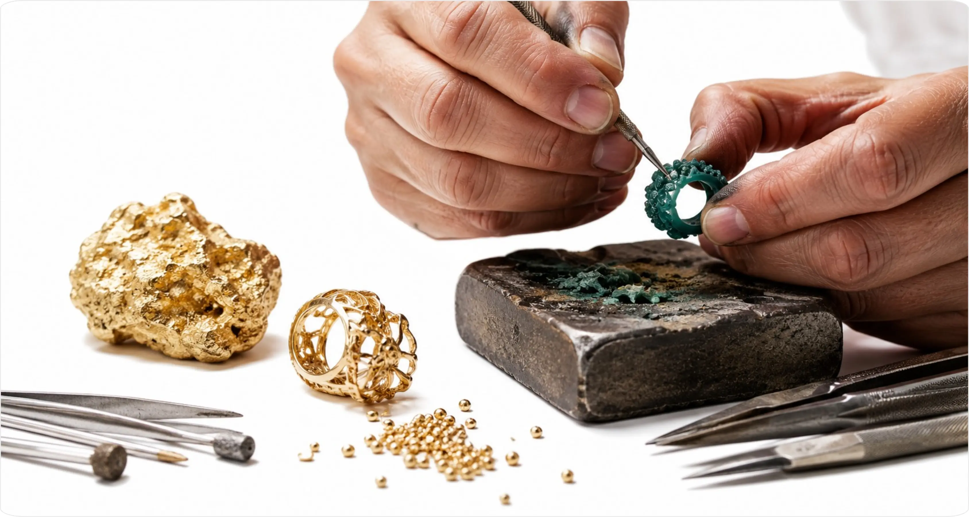 Close-up of a jeweler’s hands working with wax model and raw gold in a professional workshop.
