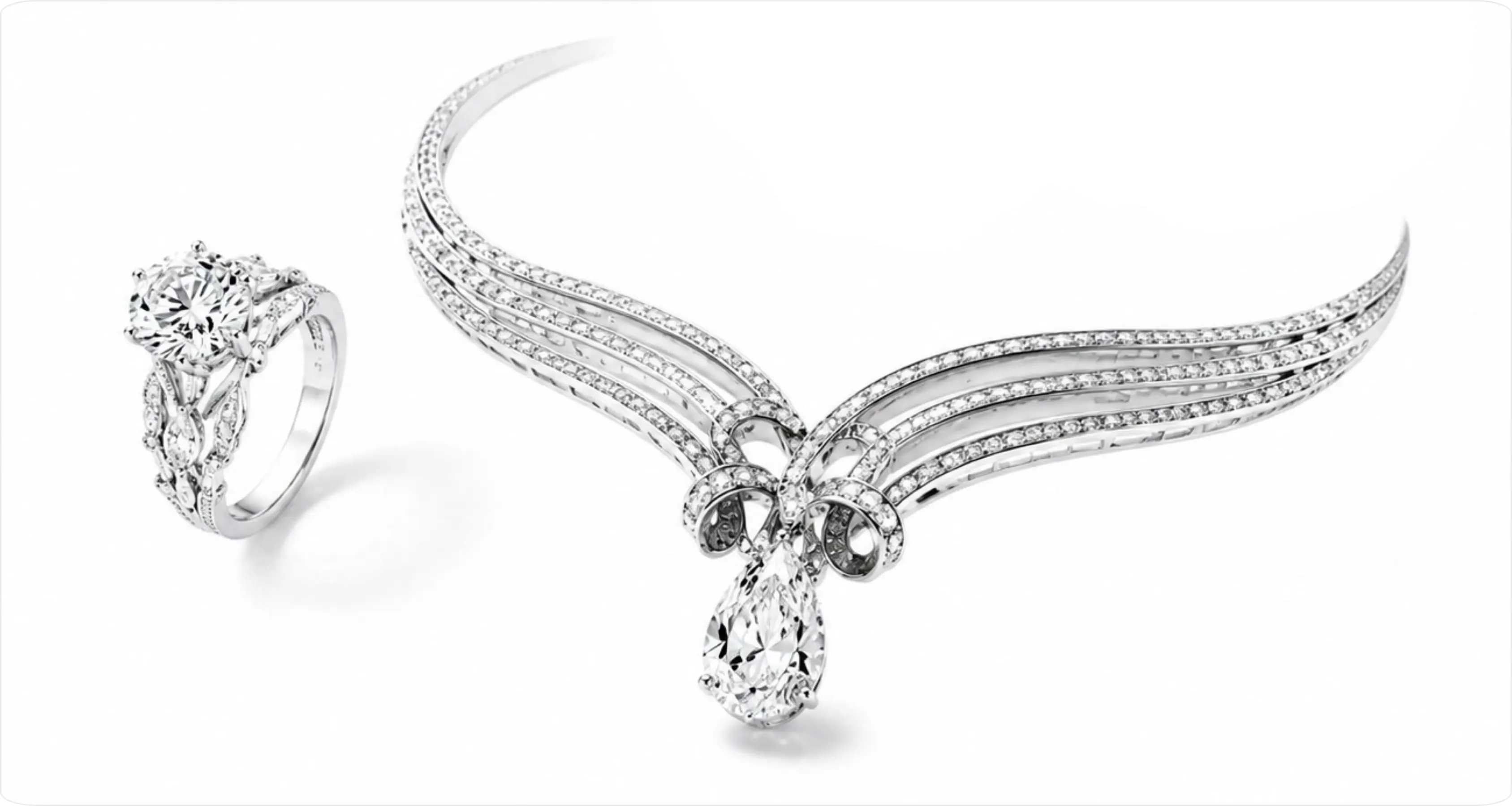 Elegant platinum necklace and diamond ring floating on a seamless pure white background in a premium editorial composition for The Jewelry Business.