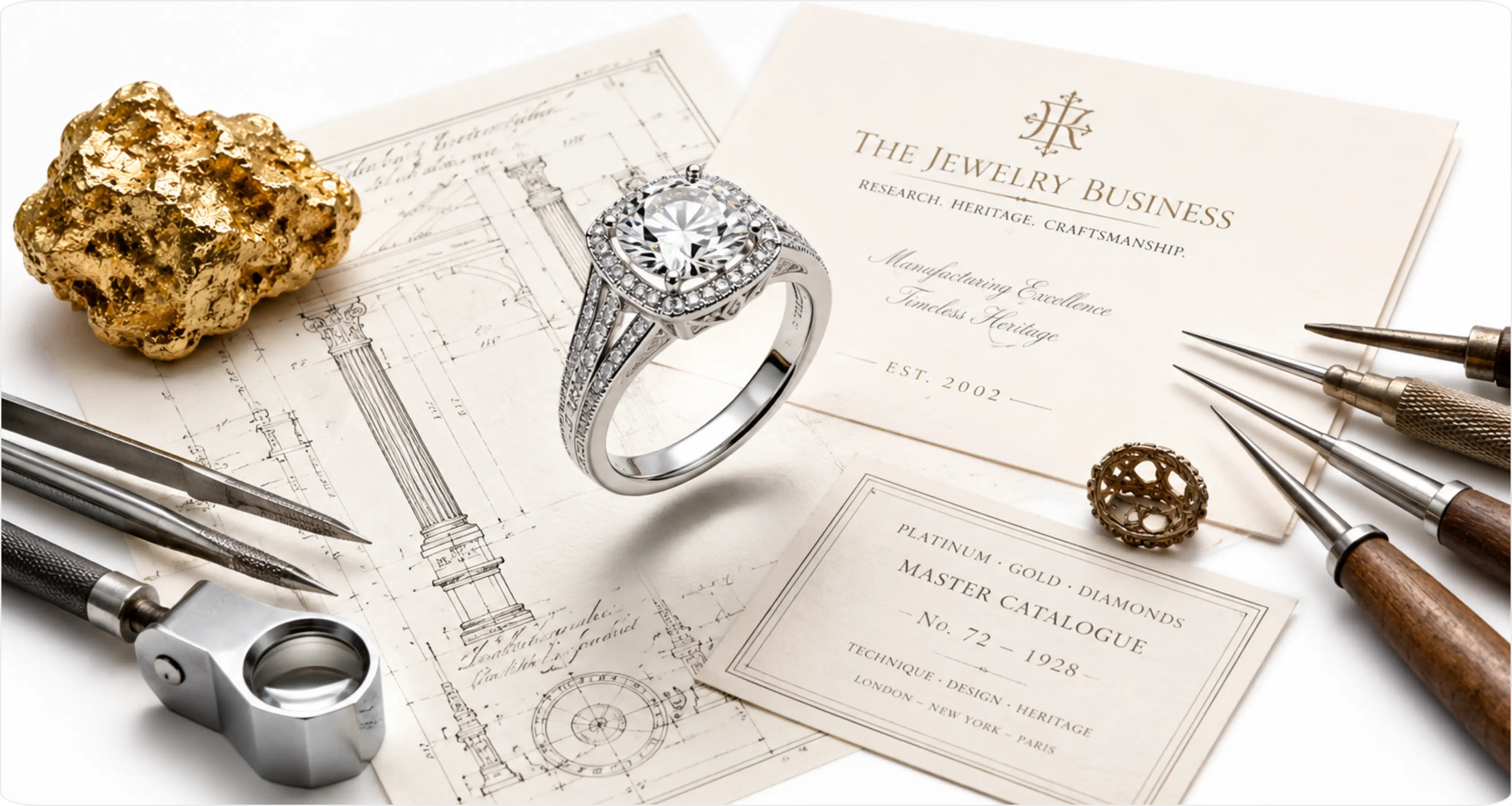 Editorial composition featuring platinum jewelry, archival blueprints, jeweler’s tools, and heritage documentation on a seamless white background representing The Jewelry Business.